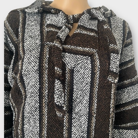 Authentic Mexican Baja woven pullover hoodie boxy wide stripes black gray WomenM - Picture 3 of 12